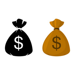 Money bag icons with dollar sign finance currency black, white and color