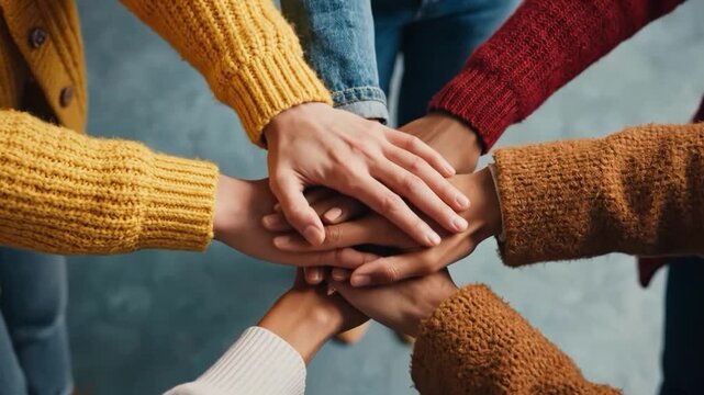 Diverse group hands stacked together in symbol of unity and teamwork