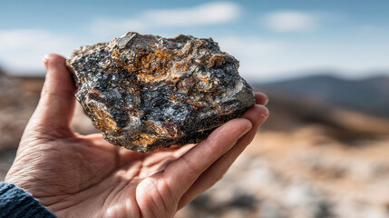 Geologist's hand holding a piece of monazite ore outdoors