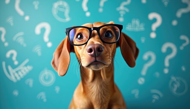 Brown dog wearing glasses looks confused. Many white question marks on blue background. Animal thinks about problem. Smart pet looks curious. Education concept.