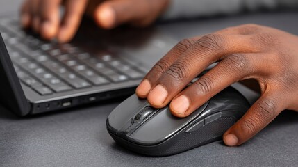Close-up of Human Hand Using Computer Mouse and Keyboard on Office Desk