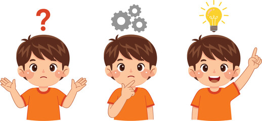 Cartoon vector illustration of a young boy thinking with question mark, gears, and lightbulb symbols representing problem solving, creativity, and new idea discovery.