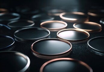 Close-up of Metallic Silicone Rings in Black and Rose Gold Colors on Dark Surface