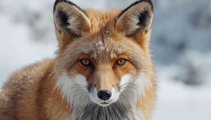 Fototapeta premium Red Fox Stands in Snow During Winter in a Forest Observing Its Surroundings for Food or Movement