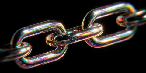 Close-up of Metallic Chain Links with Iridescent Colors on Black Background