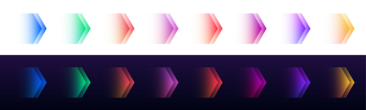 Neon arrow outlines glow in pink, blue, and purple with smooth gradient edges. Perfect for retro-style signs, UI elements, or social media graphics. PNG vector.