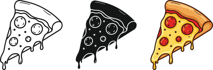 Pepperoni pizza slice vector set including colorful cartoon style, black and white line art, and solid silhouette isolated on white background for menu design. © Sagor