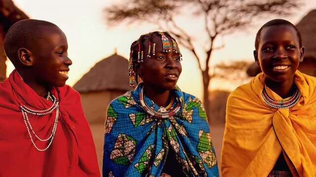 African Children Laughing Together in Village at Sunset
