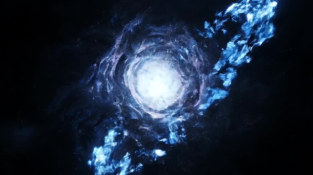 Vibrant blue cosmic energy vortex creating an ethereal interdimensional portal, a dynamic abstract illustration of swirling light in deep space