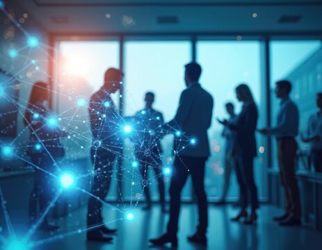 Silhouettes of people in office with glowing digital network overlay. Teamwork, connection, and data flow visualized. Corporate meeting in modern workplace.