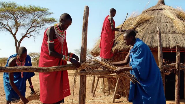 Maasai community building traditional African home constructing hut