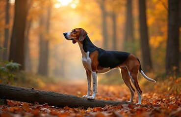 Treeing Walker Coonhound stands on fallen log in autumn forest. Dog gazes ahead with calm expression among vibrant orange leaves and trees during golden hour light.