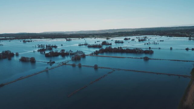 Aerial view of flooded fields after heavy rainfall