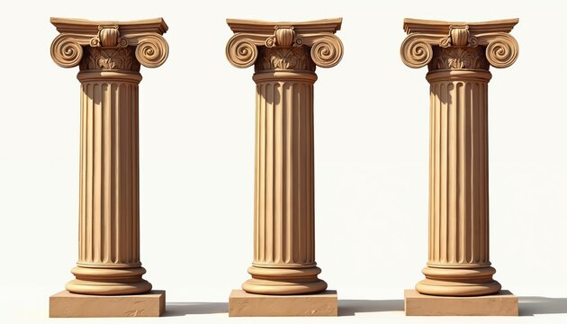 Three classical Greek Ionic columns stand in row against white background. Architectural elements feature fluted shafts, volute capitals. Stone pillars often used for ancient building representations.