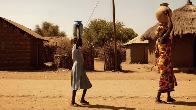 African women carrying water containers through a dusty village