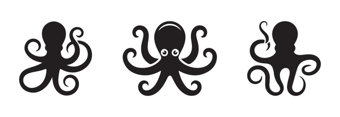 Three black stylized octopus drawings showing different poses and tentacle arrangements in flat design © FARJANAAKTER