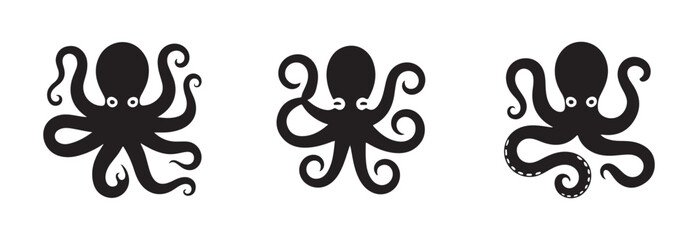 Group of three black octopus vector graphics with varying tentacle styles and eye expressions shown © FARJANAAKTER
