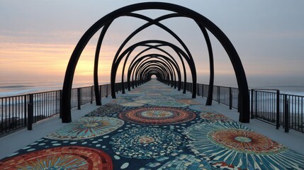 Colorful Artistic Pier Structure Overlooking Ocean at Sunset