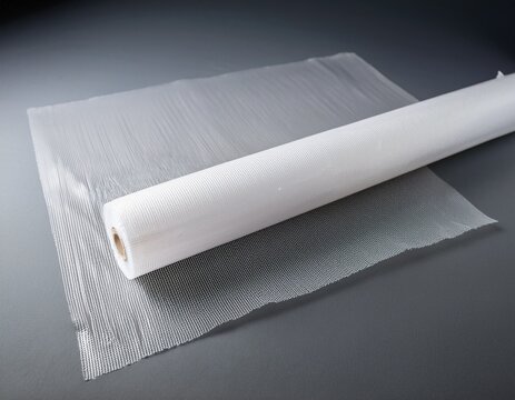 a roll of translucent white non woven material or tracing paper unfurling and folding delicately on a plain grey surface highlighting its texture