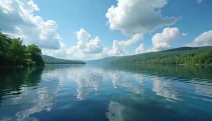 Vast calm lake reflects blue sky with fluffy white clouds. Green forested hills surround calm water. Peaceful natural landscape offers quiet scene.