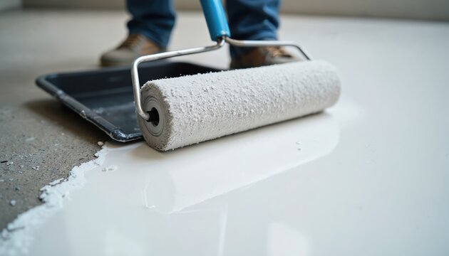 Man applies white polymer floor coating with roller. Uses paint tray on rough concrete surface. White liquid covers part of floor creating smooth finish. Home renovation project in progress. Clean