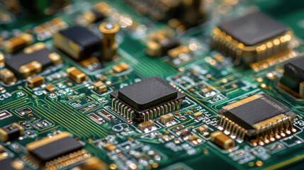 Obraz premium Close-up of a complex printed circuit board with microchips