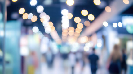 Obraz premium Trade show, blurred background of exhibition hall, conference center, bokeh, business exhibition, job fair, stock exchange. Advertising campaign concept for an organization, corporate event