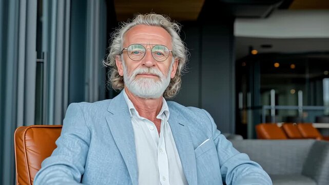 Distinguished older man confidently engages with laptop, showcasing active aging and professional presence, camera zooms in for detail