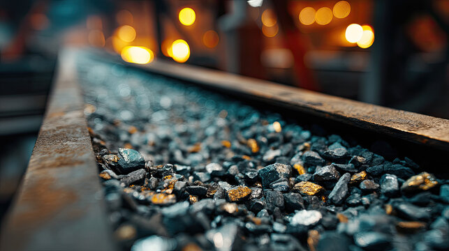 Close-up of rare earth metal ore on a conveyor belt