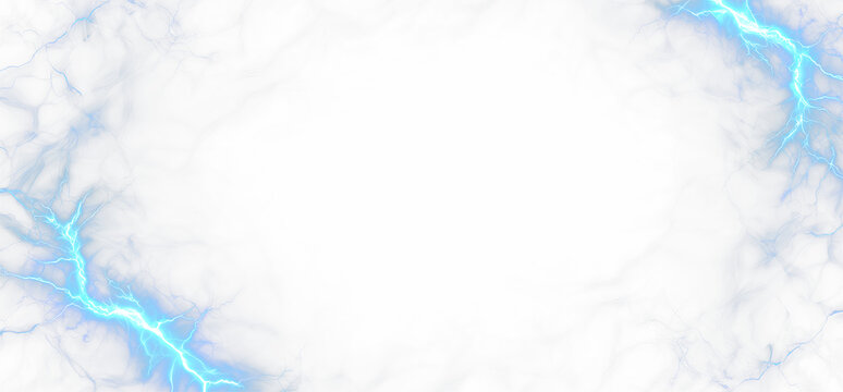 Electric Blue Lightning Bolt. Transparent Background Bright blue lightning bolt with electric sparks and glowing energy PNG effect. Perfect for use in digital art, graphic design, animations, games.