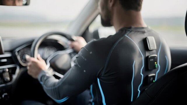Medium shot of a driver with a sensorequipped shirt monitoring spinal alignment the ergonomic device in focus contrasting with the outoffocus car interior.
