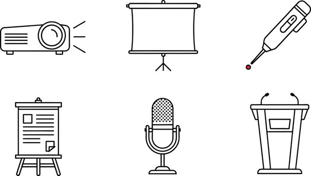Collection of presentation and public speaking icons simple line art vector graphics for business meetings and lectures isolated on white