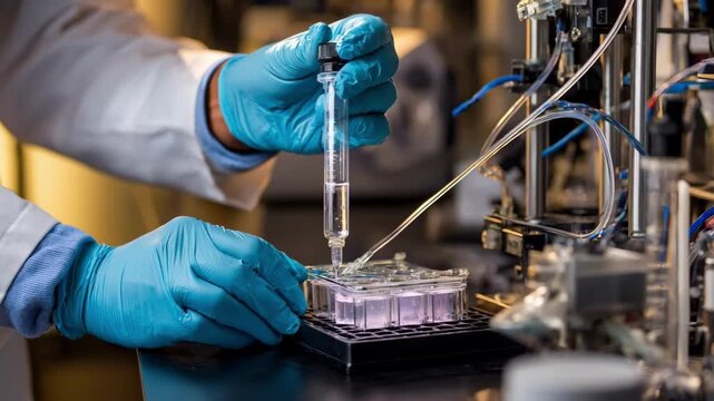 Technician preparing liquid chromatography setup with detailed focus on tubing and solvent reservoirs.