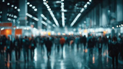 Fototapeta premium Trade show, blurred background of exhibition hall, conference center, bokeh, business exhibition, job fair, stock exchange. Advertising campaign concept for an organization, corporate event