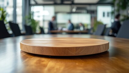Fototapeta premium Photo of a round wooden podium on an office table with business people in the background.