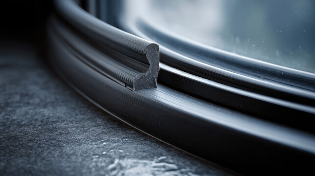 Close up of a worn rubber window gasket in a modern frame