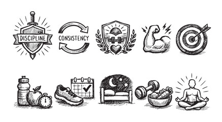 Hand-drawn sketch style icons illustrating health and fitness elements like diet, exercise, consistency, discipline, and rest, ideal for blog or marketing materials.