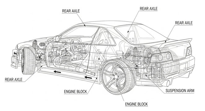 Detailed Car Engine Mechanical Diagram Blueprint.