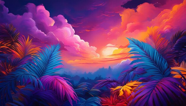 vibrant purple and blue tropical foliage frames a surreal sky bursting with dramatic orange and pink hues and soft ethereal clouds