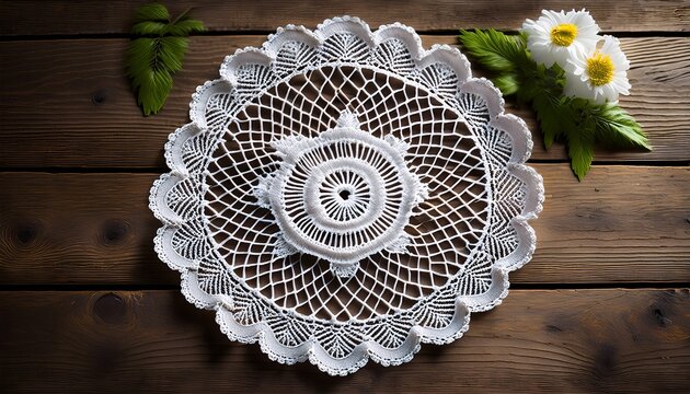 a beautiful white crocheted lace doily with intricate floral patterns rests elegantly on a rustic weathered wooden surface creating a timeless visual