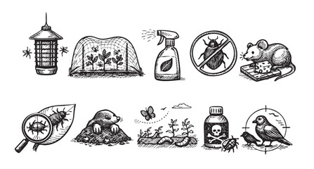 Obraz premium Hand-drawn style illustration of pest control methods, including insect traps, netting, pesticides, mouse traps, and targeting birds. Useful for gardening, home care, and wildlife management concepts.