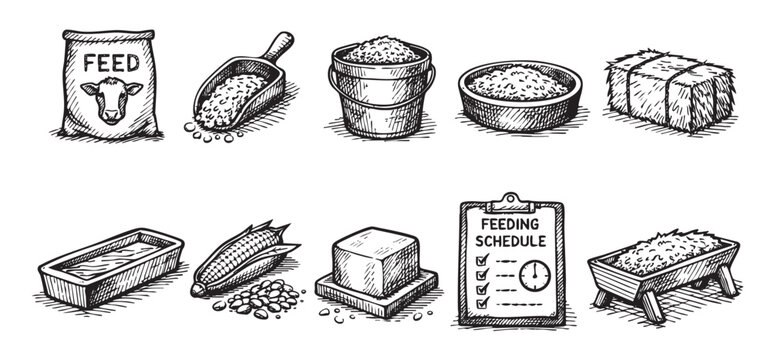 Hand drawn sketch illustration of livestock feeding, including feed bag, schedule, corn, hay and troughs. Vector image for farming, agriculture, or nutrition themes.