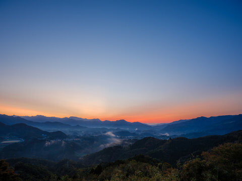 Panoramic Mountain Landscape at Dawn with Misty Valleys in Japan