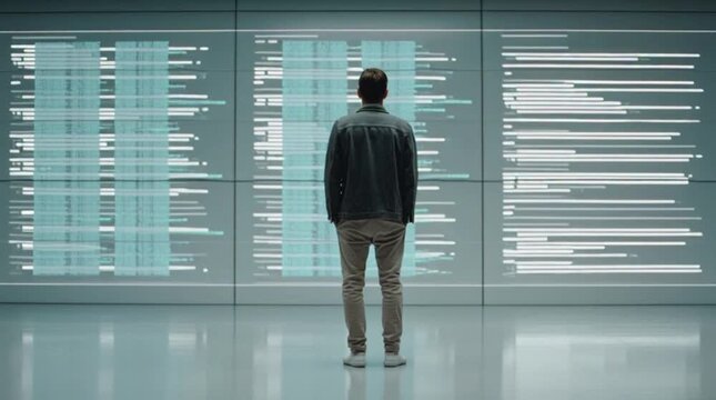 Man standing in awe before futuristic data visualization screens in a sleek modern room