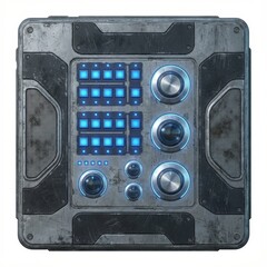 Detailed 3D render of a futuristic sci-fi control panel with distressed metal texture, glowing blue buttons, and knobs, isolated on white. High-tech interface concept.