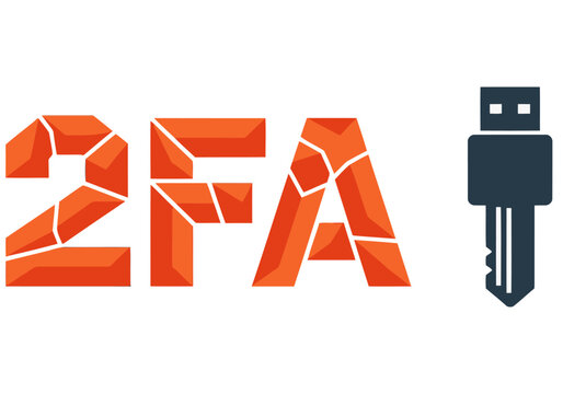 Modern 2FA login security token graphic. Bold orange letters form '2FA' with a USB key icon. Clean, professional design for digital security concepts.