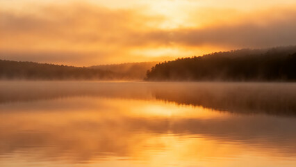 Fototapeta premium Golden sunset reflecting on calm lake, silhouetted trees, warm orange-yellow tones