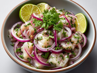 Fresh ceviche with fish, red onion, lime, and cilantro