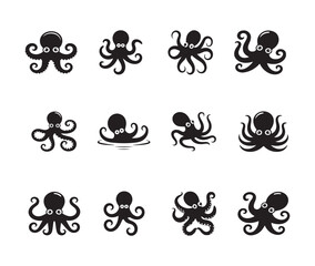 Naklejka premium Set of twelve cute cartoon octopus silhouettes for sea life illustration and graphic design projects