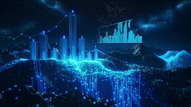Futuristic cityscape with glowing blue data visualization on mountain range at night with starry sky